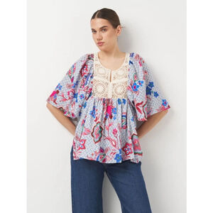 ZARA Blue Pink Floral Crochet Blouse M